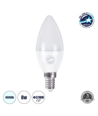 GLOBOSTAR® CANDLE 60009 Λάμπα Κεράκι E14 C37 LED 8W 800lm 260° AC 220-240V IP20 Ψυχρό Λευκό 6000K - Lumileds SMD Chip - Λευκό Γαλακτερό - Μ3.7 x Π3.7 x Υ10cm - 3 Χρόνια Εγγύηση
